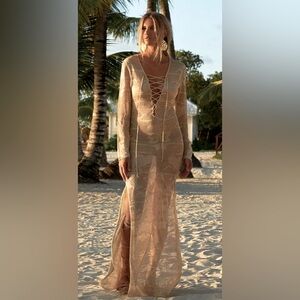 Bikinishe Cream Sheer Lace Up Split Crochet Maxi Cover Up One Size NWT!!!